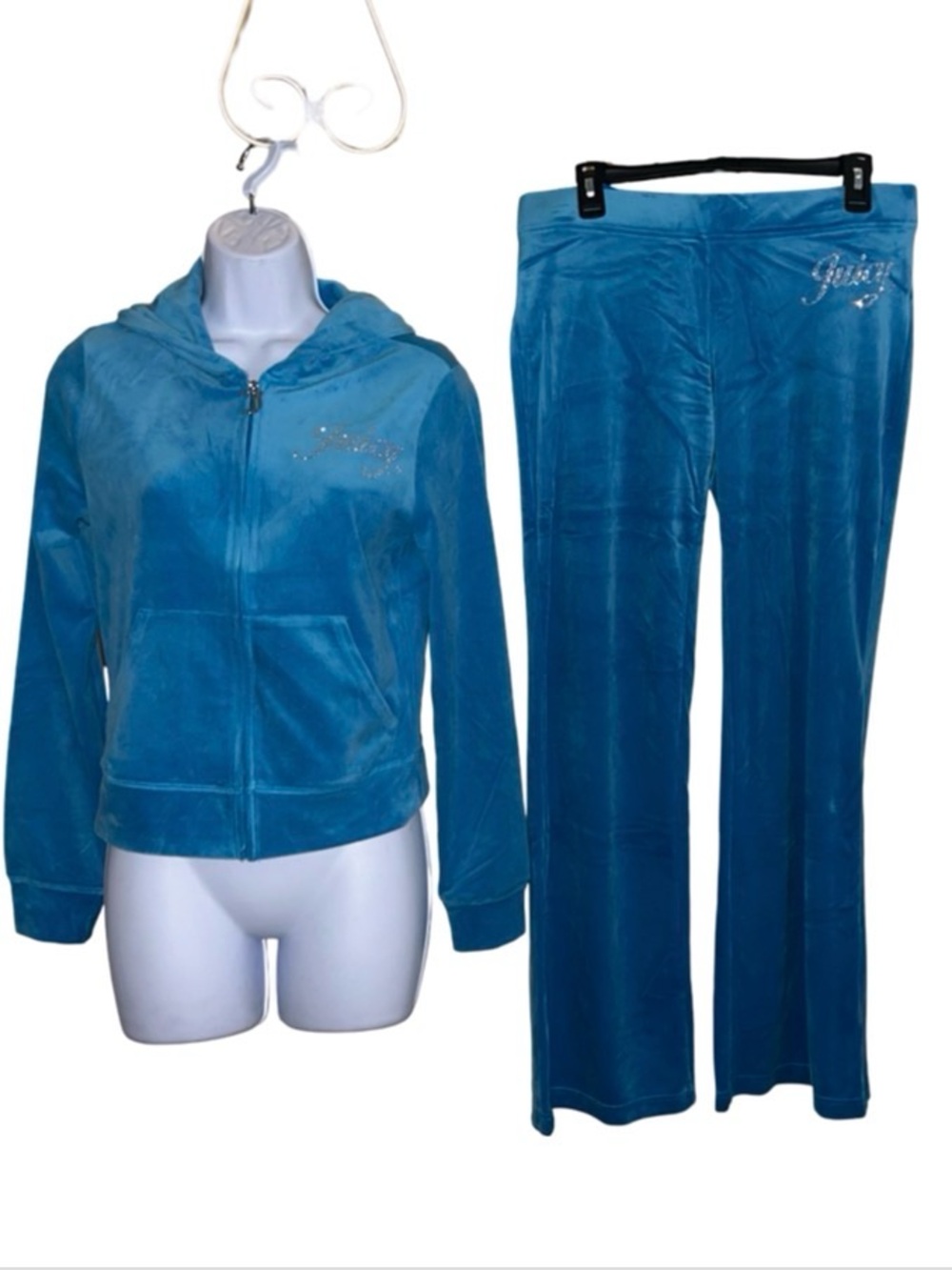 JUICY COUTURE TURQUOISE FLASH BLING RHINESTONE SCRIPT VELOUR TRACKSUIT SWEATSUIT